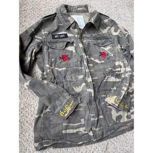 Y2K Camo Utility Jacket Embroidered rose patches Get Lost Hello women size S